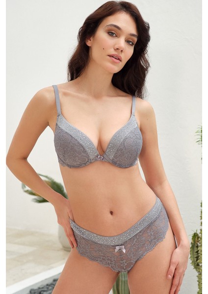 Kadın Balenli Destekli Dolgulu Taşlı Dantelli Sütyen ve String Takım