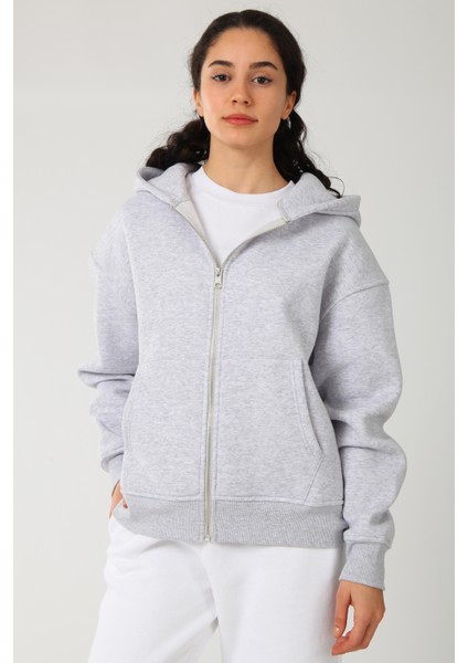 Basic Kadın Oversize Fit Kapüşonlu ve Fermuarlı Üst