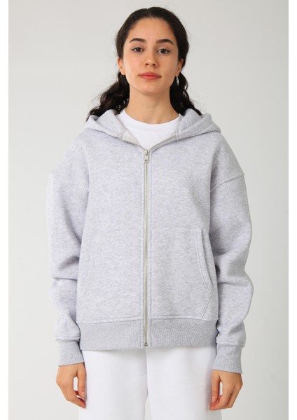 Basic Kadın Oversize Fit Kapüşonlu ve Fermuarlı Üst