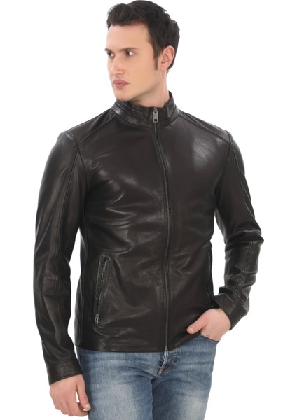 Erkek Kuzu Derisi Ceket Slim Fit Siyah Fermuarlı Deri Mont Tarz Şık ve Modern Tasarım