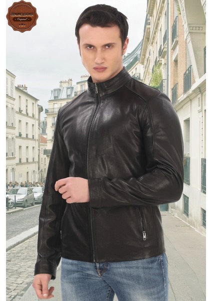 Erkek Kuzu Derisi Ceket Slim Fit Siyah Fermuarlı Deri Mont Tarz Şık ve Modern Tasarım