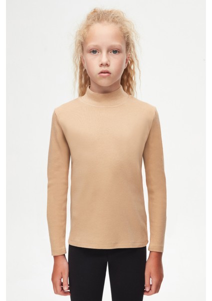 Sütlü Kahve Basic Kışlık Yarım Balıkçı Yaka Uzun Kollu Kız Çocuk Tişört fiyatları