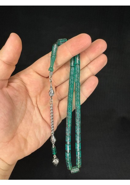 Sevgiliye Özel Hediye Gümüş Işlemeli Ateş Kehribar Tesbih Açık Yeşil Renkli Kesme Kesim 10,5mmx5,5mm H-1646.