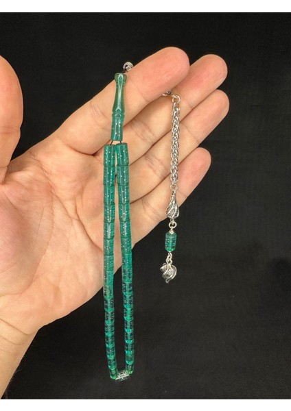 Sevgiliye Özel Hediye Gümüş Işlemeli Ateş Kehribar Tesbih Açık Yeşil Renkli Kesme Kesim 10,5mmx5,5mm H-1646.