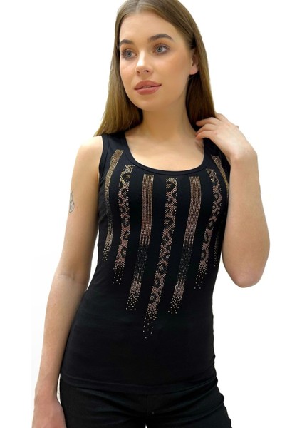 Dar Kesim / Slim Fit Leopar Taş Baskılı Siyah Pamuk Kadın Şık Atlet Kalın Askılı Kolsuz T-Shirt