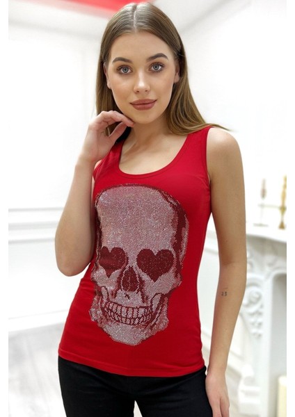 Dar Kesim Kurukafa Crystal Taş Baskılı Tasarım Pamuk Kadın Kalın Askılı Kolsuz T-Shirt Atlet Kırmızı