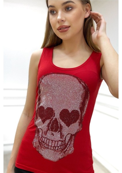 Dar Kesim Kurukafa Crystal Taş Baskılı Tasarım Pamuk Kadın Kalın Askılı Kolsuz T-Shirt Atlet Kırmızı