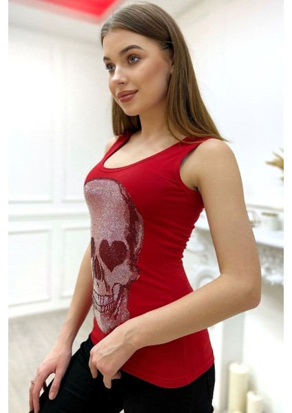 Dar Kesim Kurukafa Crystal Taş Baskılı Tasarım Pamuk Kadın Kalın Askılı Kolsuz T-Shirt Atlet Kırmızı