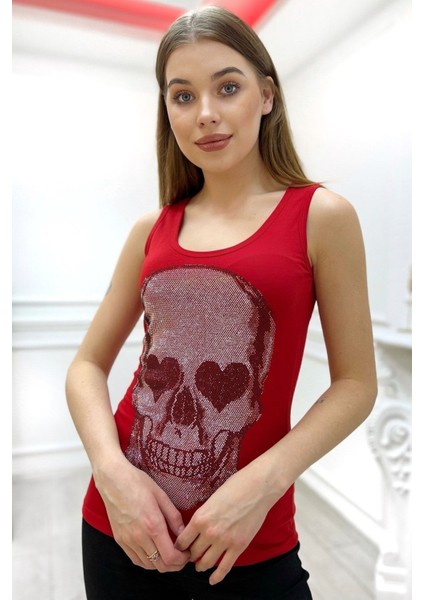 Dar Kesim Kurukafa Crystal Taş Baskılı Tasarım Pamuk Kadın Kalın Askılı Kolsuz T-Shirt Atlet Kırmızı
