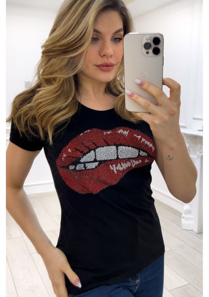 Dudak Crystal Taşlı Bisiklet Yaka Pamuk Siyah Kadın T-Shirt