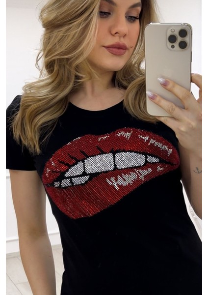 Dudak Crystal Taşlı Bisiklet Yaka Pamuk Siyah Kadın T-Shirt modelleri