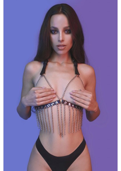 Mulvxbrf BRF02 Kadın Siyah Deri Zincirli Harness Sütyen 2139 (Mulvix)