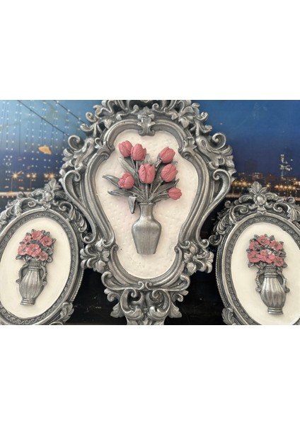 Pembe Çiçekli Gümüş Tablo 3lü Set modelleri