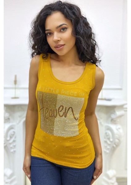 Heaven Crystal Taş Baskılı Dar Kesim / Slim Fit Pamuk Kadın Şık Atlet Kalın Askılı Kolsuz T-Shirt modelleri