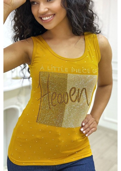 Heaven Crystal Taş Baskılı Dar Kesim / Slim Fit Pamuk Kadın Şık Atlet Kalın Askılı Kolsuz T-Shirt fırsatları