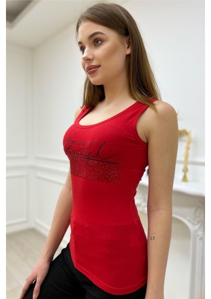 Kadın Slim Fit Beautiful Yazılı Crystal Taşlı Şık Kadın Atlet Kolsuz Tshirt