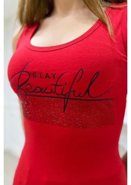 Kadın Slim Fit Beautiful Yazılı Crystal Taşlı Şık Kadın Atlet Kolsuz Tshirt