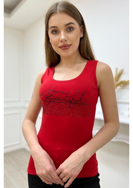 Kadın Slim Fit Beautiful Yazılı Crystal Taşlı Şık Kadın Atlet Kolsuz Tshirt