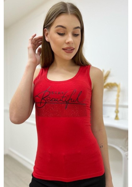 Kadın Slim Fit Beautiful Yazılı Crystal Taşlı Şık Kadın Atlet Kolsuz Tshirt