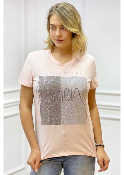 Heaven Crystal Taşlı Büyük Beden Bisiklet Yaka Pamuk Kırmızı Kadın T-Shirt L Xl 2xl 3xl