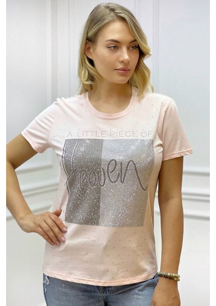 Heaven Crystal Taşlı Büyük Beden Bisiklet Yaka Pamuk Kırmızı Kadın T-Shirt L Xl 2xl 3xl