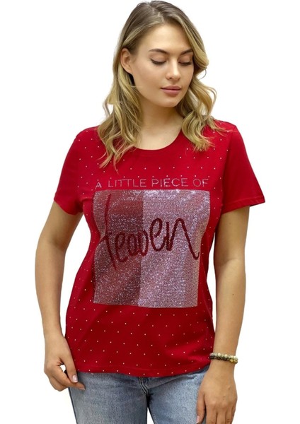 Heaven Crystal Taşlı Büyük Beden Bisiklet Yaka Pamuk Kırmızı Kadın T-Shirt L Xl 2xl 3xl
