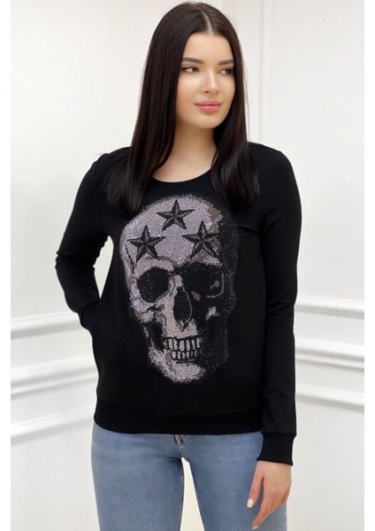 Iki Iplik Kurukafa Crystal Taşlı Kadın Slim Fit Siyah Sweatshirt