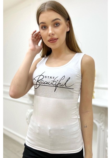 Kadın Slim Fit Beautiful Yazılı Crystal Taşlı Şık Kadın Atlet Kolsuz Tshirt