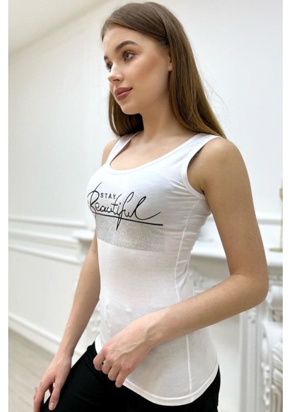 Kadın Slim Fit Beautiful Yazılı Crystal Taşlı Şık Kadın Atlet Kolsuz Tshirt