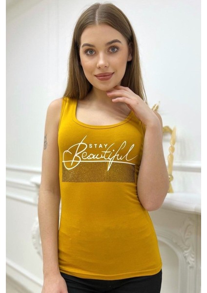 Kadın Slim Fit Beautiful Yazılı Crystal Taşlı Şık Kadın Atlet Kolsuz Tshirt