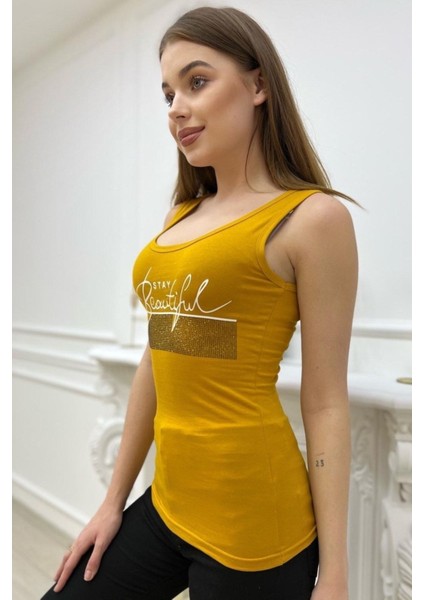 Kadın Slim Fit Beautiful Yazılı Crystal Taşlı Şık Kadın Atlet Kolsuz Tshirt fiyatları