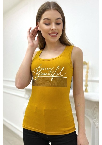 Kadın Slim Fit Beautiful Yazılı Crystal Taşlı Şık Kadın Atlet Kolsuz Tshirt modelleri