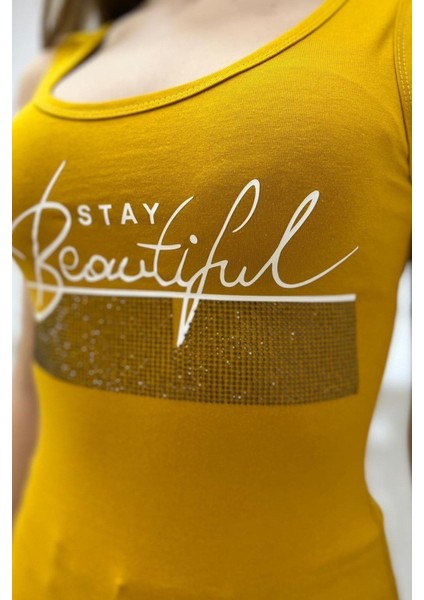 Kadın Slim Fit Beautiful Yazılı Crystal Taşlı Şık Kadın Atlet Kolsuz Tshirt fırsatları