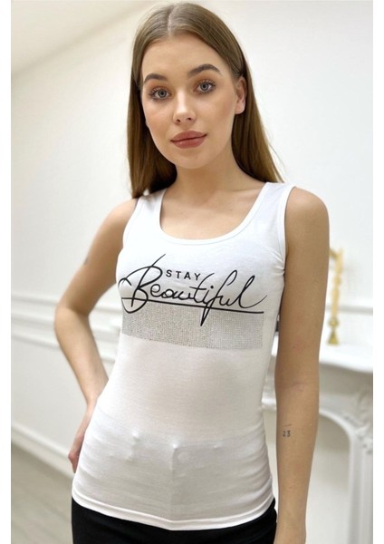 Kadın Slim Fit Beautiful Yazılı Crystal Taşlı Şık Kadın Atlet Kolsuz Tshirt fiyatları