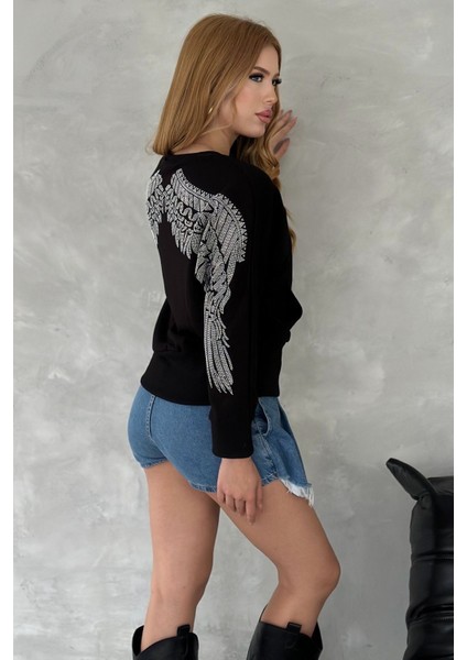 Kanat Crystal Taşlı Regular Fit Büyük Beden Üç Iplik Pamuk Rahat Şık Siyah Cepli Kadın Sweatshirt fiyatları