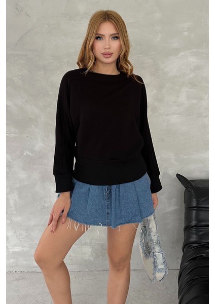 Kanat Crystal Taşlı Regular Fit Büyük Beden Üç Iplik Pamuk Rahat Şık Siyah Cepli Kadın Sweatshirt modelleri