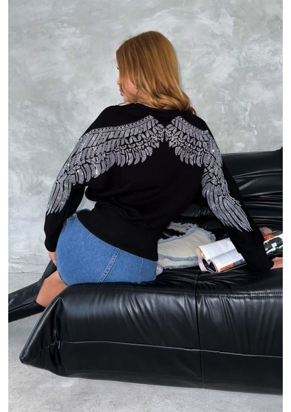 Kanat Crystal Taşlı Regular Fit Büyük Beden Üç Iplik Pamuk Rahat Şık Siyah Cepli Kadın Sweatshirt fırsatları