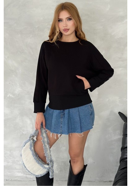 Kanat Crystal Taşlı Regular Fit Büyük Beden Üç Iplik Pamuk Rahat Şık Siyah Cepli Kadın Sweatshirt indirimleri
