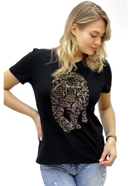 Kaplan Crystal Taşlı Büyük Beden Bisiklet Yaka Siyah Pamuk Kadın T-Shirt modelleri