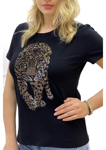 Kaplan Crystal Taşlı Büyük Beden Bisiklet Yaka Siyah Pamuk Kadın T-Shirt fırsatları