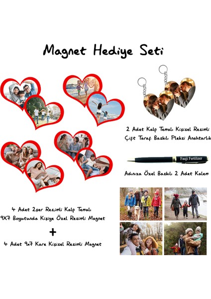 4 Adet 9x7 cm Kişisel Resimlerle Süslenmiş Kalp Magnet, 2 Kalpli Anahtarlık ve Isimle Kişiselleştirilmiş Kalemli Magnet Seti