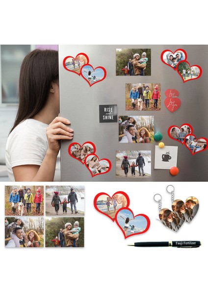 4 Adet 9x7 cm Kişisel Resimlerle Süslenmiş Kalp Magnet, 2 Kalpli Anahtarlık ve Isimle Kişiselleştirilmiş Kalemli Magnet Seti