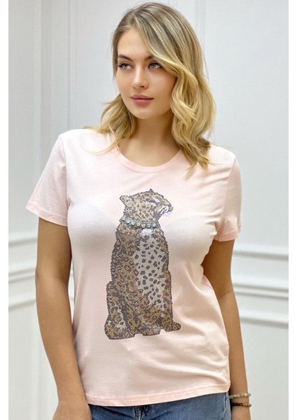 Kaplan Crystal Taşlı Büyük Beden Regular Fit Plus Size Beyaz Şık Kadın T-Shirt