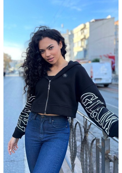 Kapüşonlu 3 Iplik Içi Polar Crop Fermuarlı Siyah Kadın Pamuk Sweatshirt fırsatları