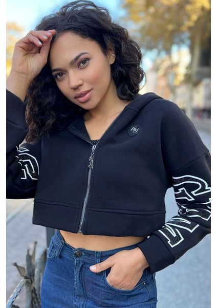 Kapüşonlu 3 Iplik Içi Polar Crop Fermuarlı Siyah Kadın Pamuk Sweatshirt indirimleri