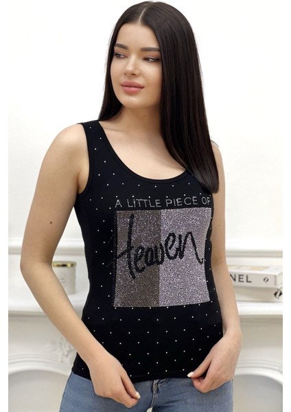 Heaven Crystal Taş Baskılı Dar Kesim / Slim Fit Pamuk Kadın Şık Atlet Kalın Askılı Kolsuz T-Shirt