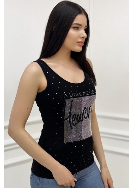 Heaven Crystal Taş Baskılı Dar Kesim / Slim Fit Pamuk Kadın Şık Atlet Kalın Askılı Kolsuz T-Shirt fiyatları