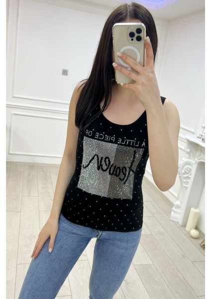 Heaven Crystal Taş Baskılı Dar Kesim / Slim Fit Pamuk Kadın Şık Atlet Kalın Askılı Kolsuz T-Shirt modelleri