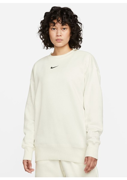 Beyaz Kadın Yuvarlak Bol Kesim Baskılı Sweatshirt DQ5733-133 W Nsw Phnx Flc Os Crew Beden: S