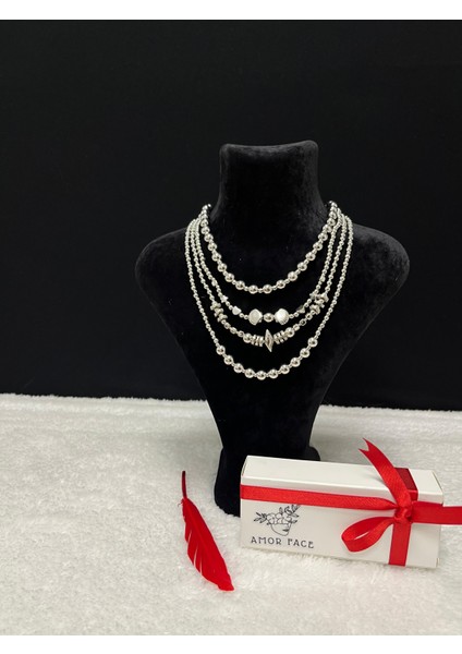 Özel Tasarım Silver Deniz Kabukları Detaylı Dörtlü Luxury Kadın Inci Gerdanlık Kolye